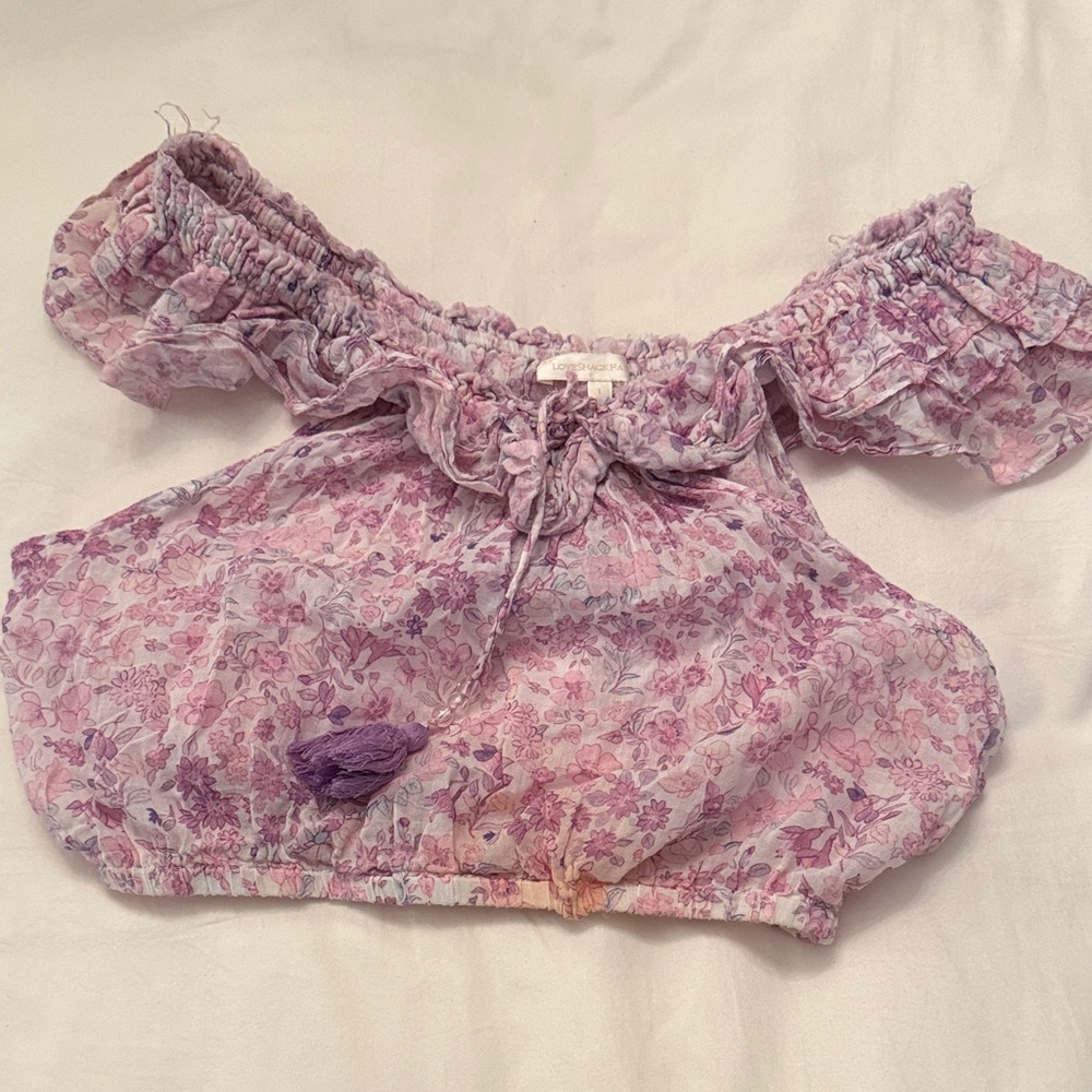 LoveShackFancy Lilac Floral Off-Shoulder Blouse